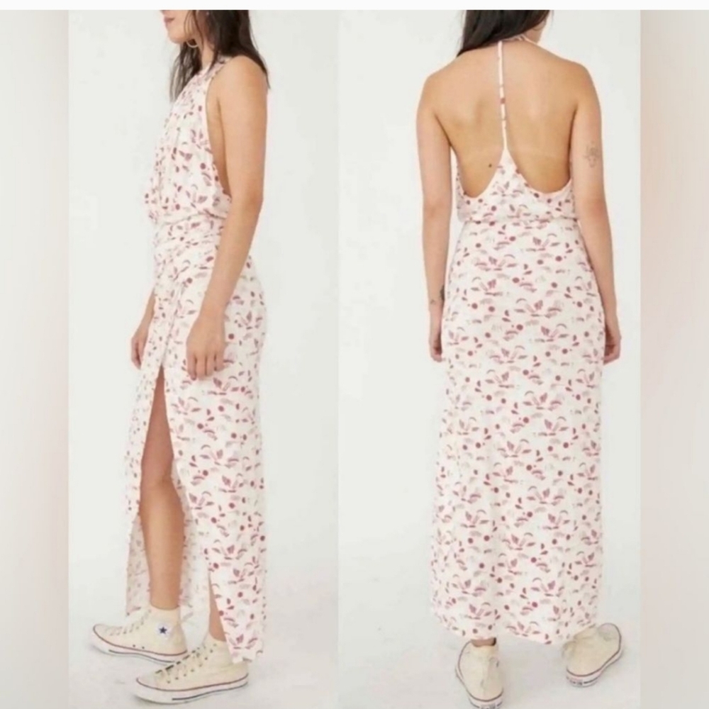 Free People Daria Open Back Front Slit Maxi Dress in Ivory Combo